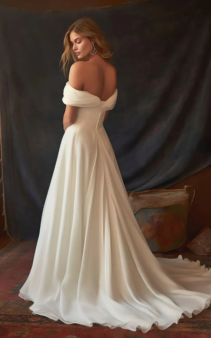 A-Line Chiffon Sleeveless Off-the-Shoulder Wedding Dress with Ruching