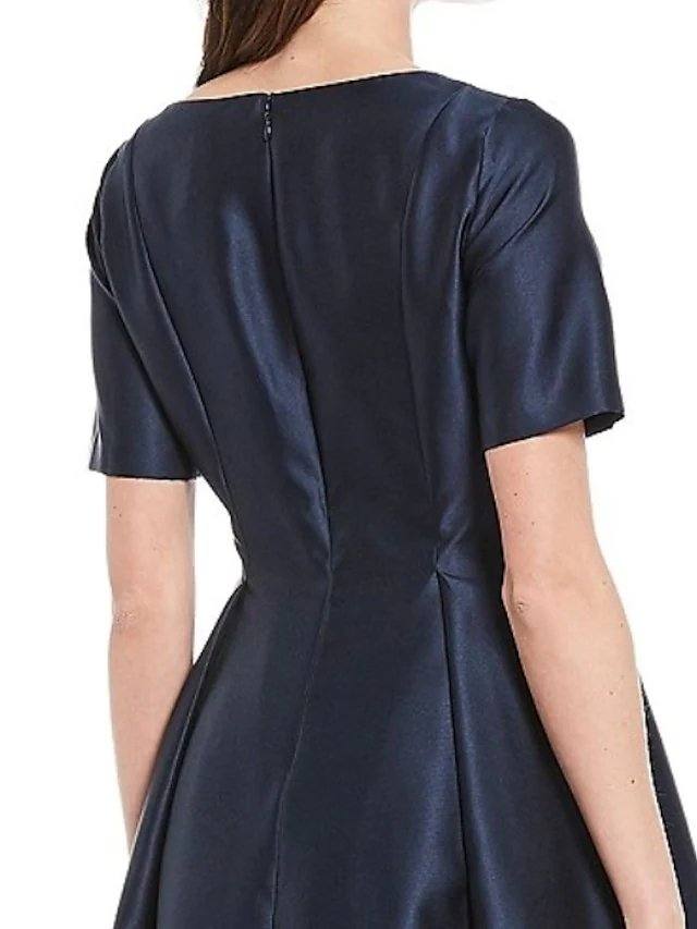 A-Line Mother of the Bride Dress Elegant Illusion Neck Asymmetrical Satin Short Sleeve with Beading Appliques - RongMoon