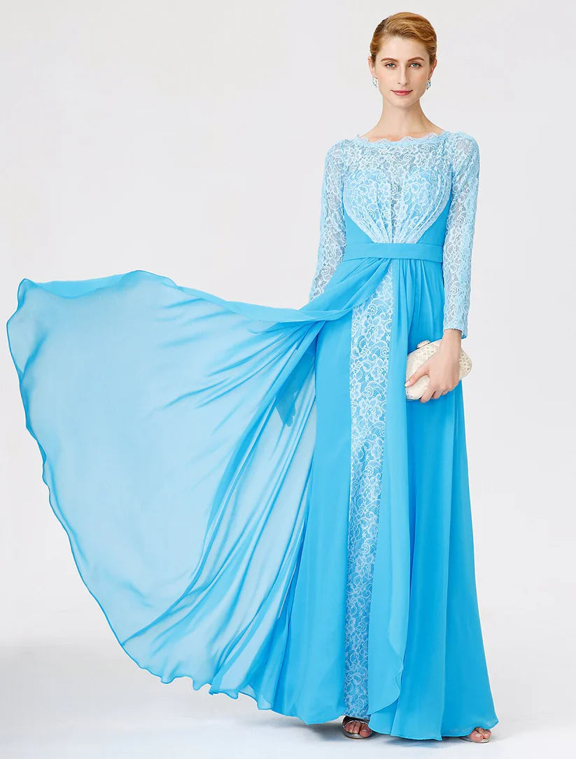 A-Line Ball Gown Scoop Neck Floor Length Chiffon Lace Mother of the Bride Dress with Sash