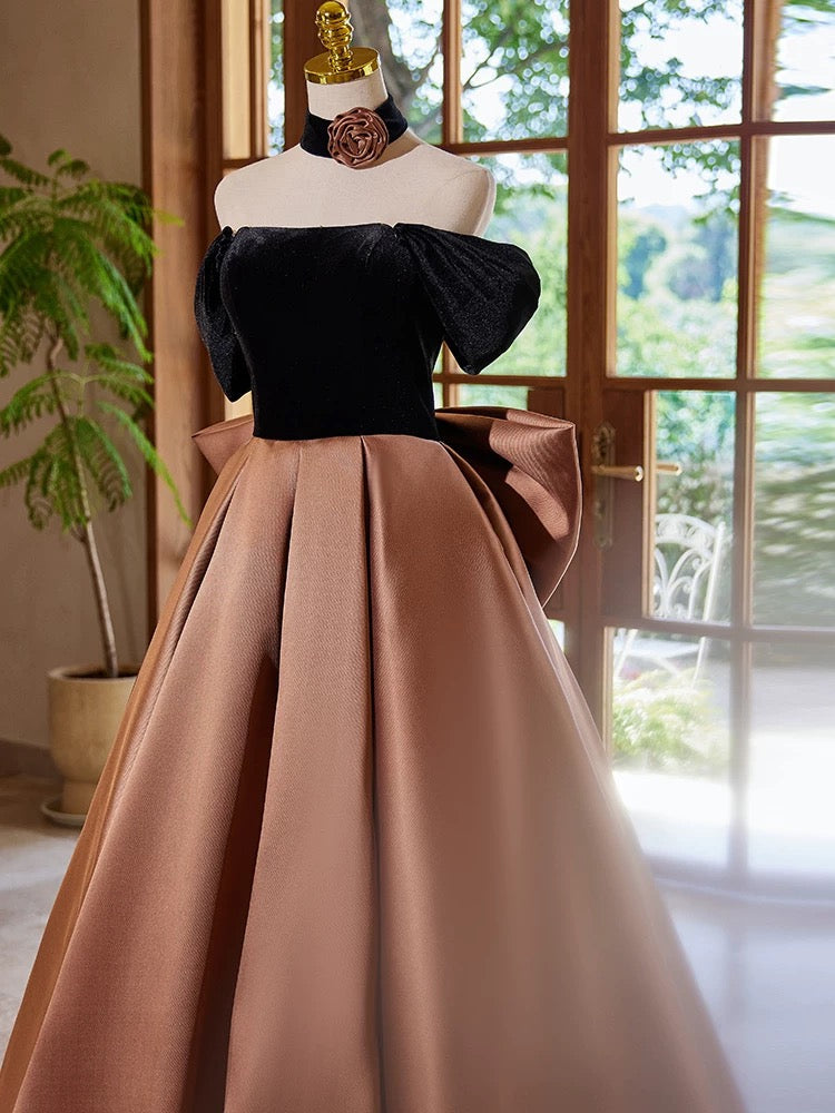 A-Line  Satin Velvet Brown Long Prom Dress, Brown Long Formal Dress
