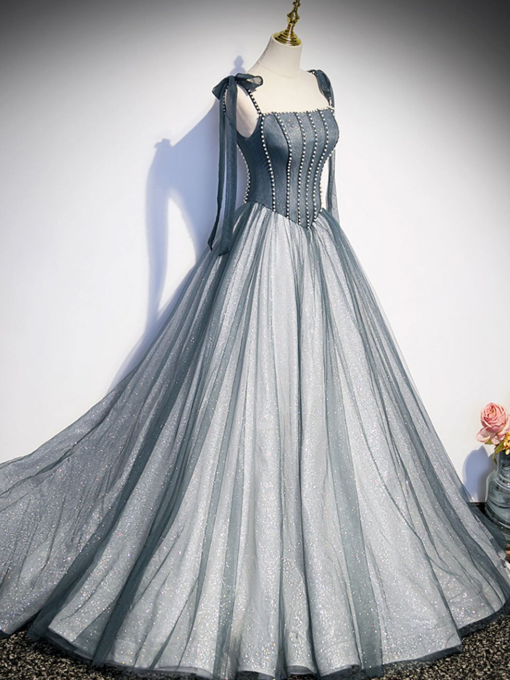 A-Line  Tulle Gray Long Prom Dress, Gray Formal Graduation Dress with Beading
