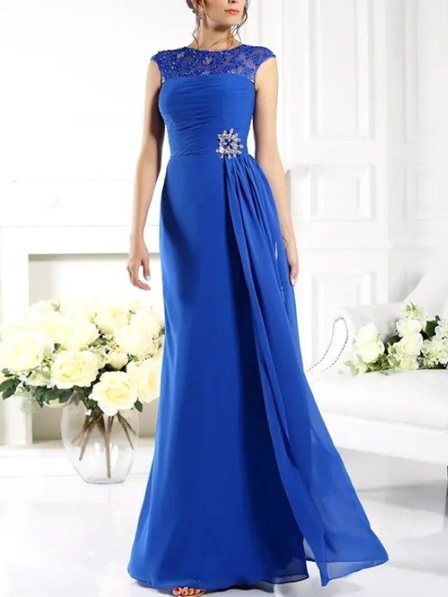 A-Line Mother of the Bride Dress Elegant Jewel Neck Floor Length Chiffon Lace Sleeveless with Sash / Ribbon Split Front Ruching - RongMoon