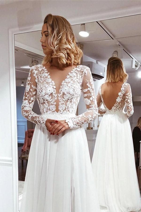 A Line Simple V Neck Lace Long Sleeves Split Ivory Wedding Dresses
