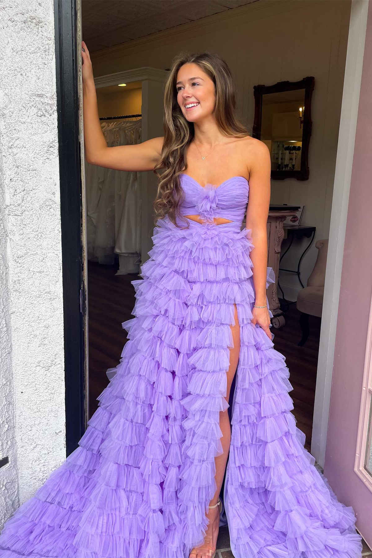 A Line Strapless Keyhole Tulle Print Ruffle Tiered Prom Dress Off Shoulder Floor Length