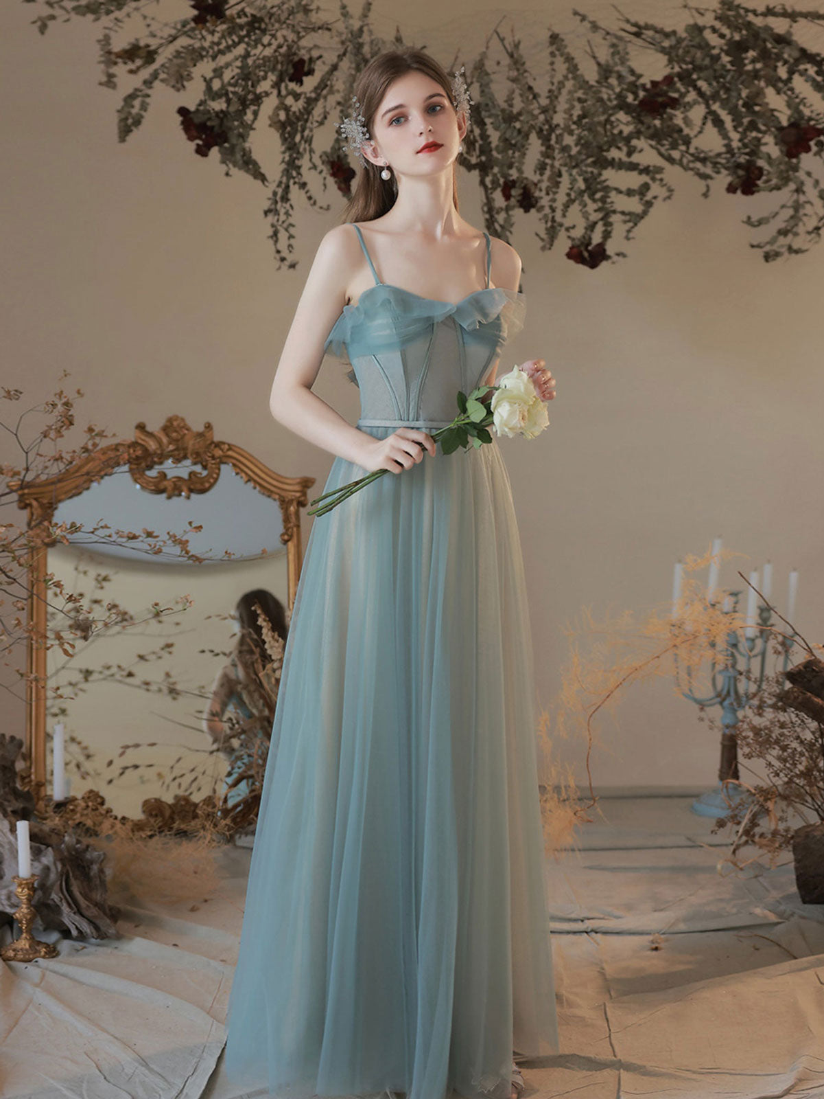 A line green tulle long prom dress green tulle formal evening dress