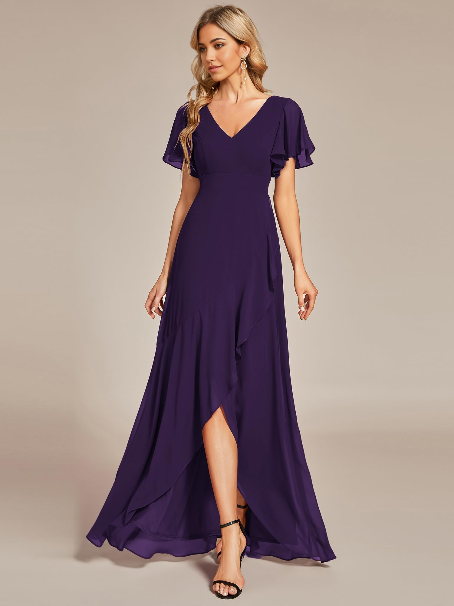 A Line Double V Neck Ruffle Backless High Low Chiffon formal dresses Bridesmaid Dresses evening gown Prom Dress