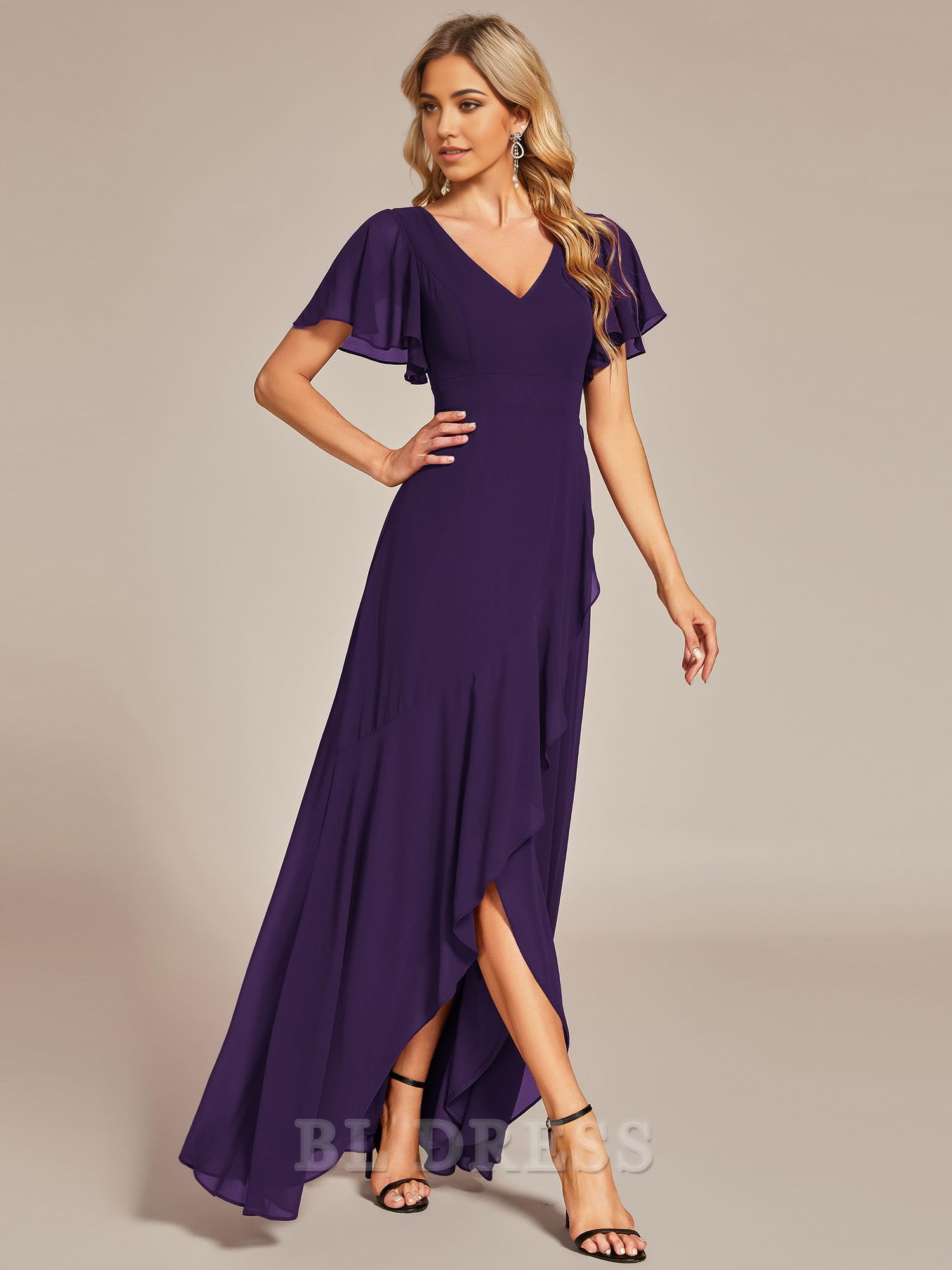 A Line Double V Neck Ruffle Backless High Low Chiffon formal dresses Bridesmaid Dresses evening gown Prom Dress
