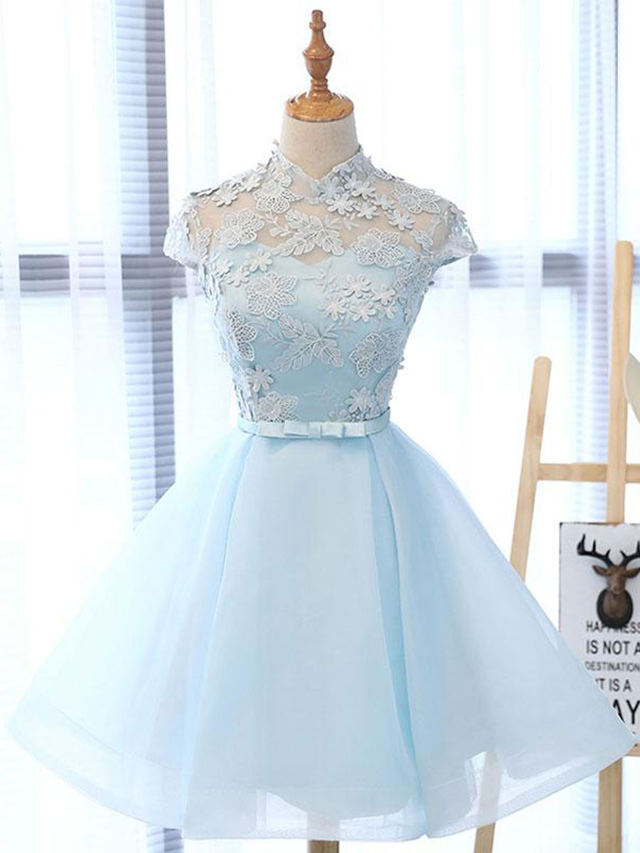 A line High Neck Lace Blue Short Prom Dress, Blue Homecoming Dress
