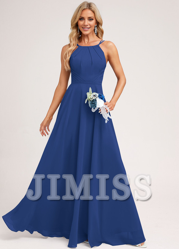 A-Line Halter Neck Floor Length Chiffon Bridesmaids Dress