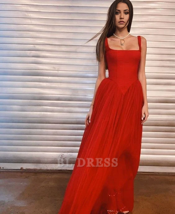 A line Straps Tulle Red Long Ruffles formal dresses Bridesmaid Dresses evening gown Prom Dress