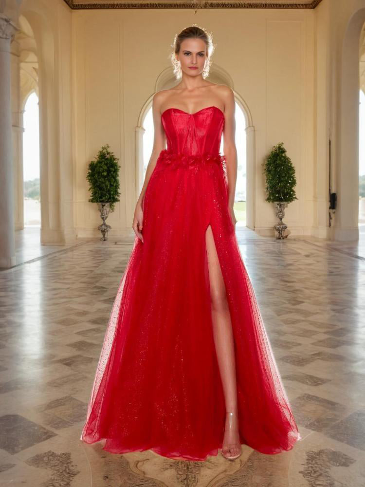 A Line Red Sweet Heart Long Prom Dresses With High Split