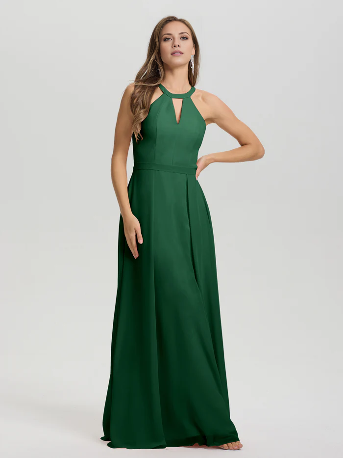 A-line keyhole collar sleeveless chiffon and floor length bridesmaid dress