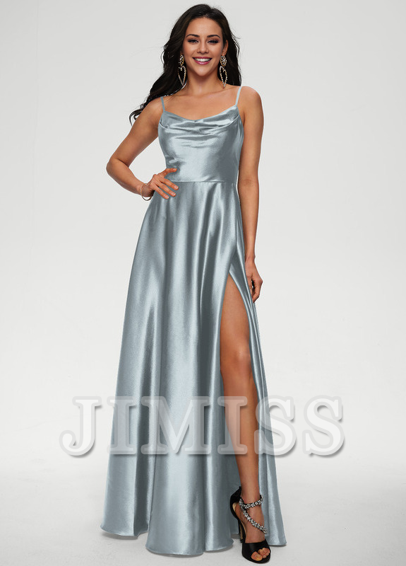 A-line draped floor-length satin prom dress