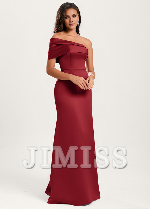 A-line asymmetric neckline floor-length satin bridesmaids dress