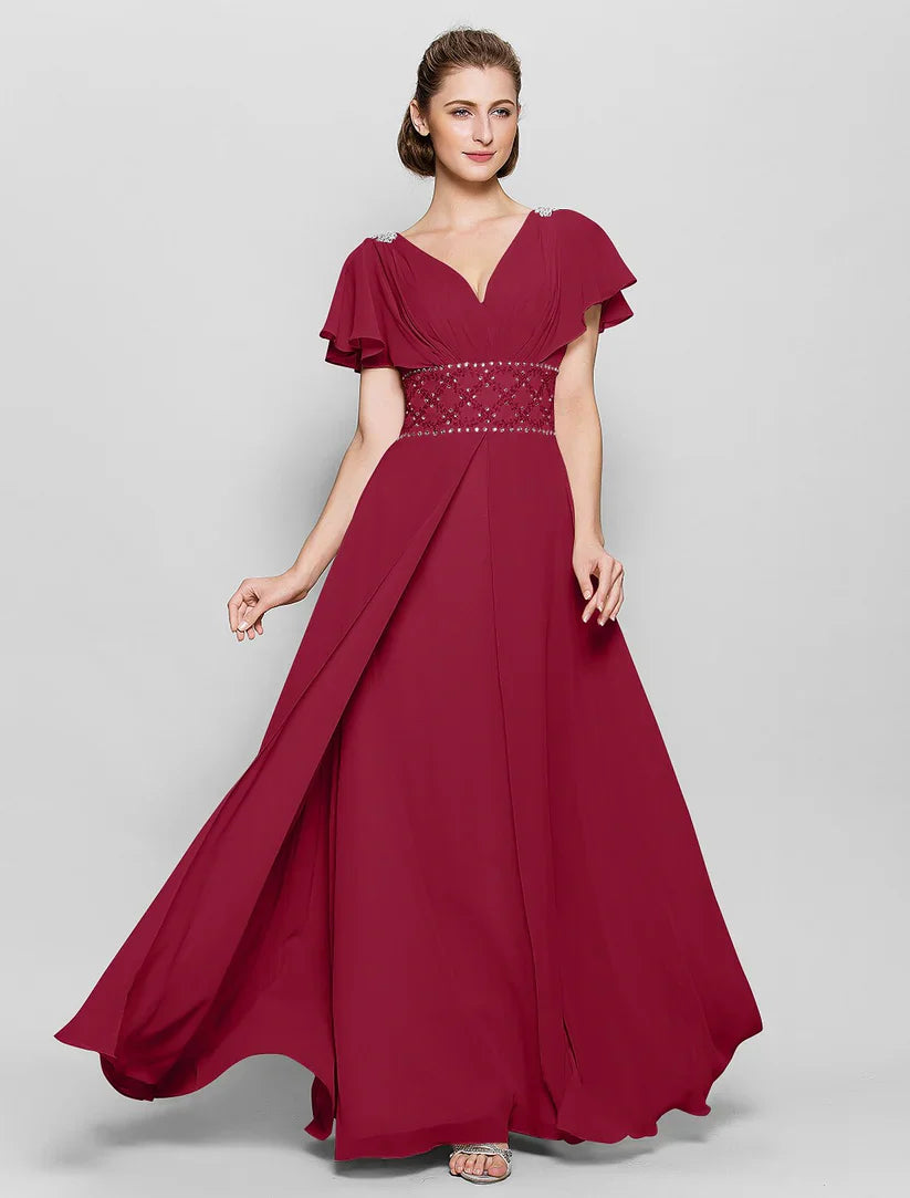 A-Line Mother of the Bride Dress Beautiful Back V Neck Floor Length Chiffon Short Sleeve No with Criss Cross Beading
