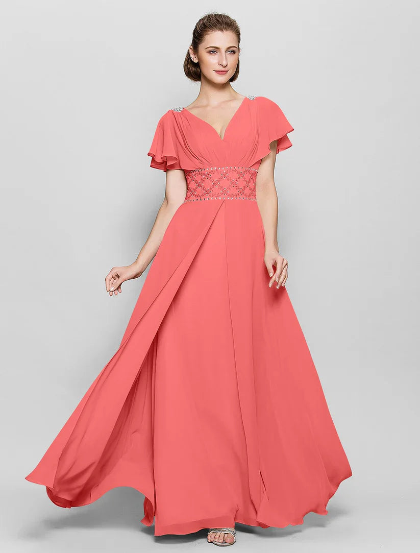 A-Line Mother of the Bride Dress Beautiful Back V Neck Floor Length Chiffon Short Sleeve No with Criss Cross Beading