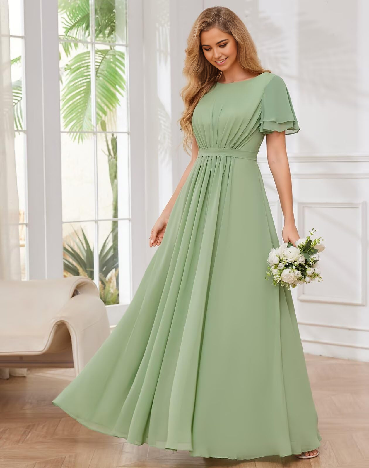A-line Crew Neck Chiffon Sleeves Long formal dresses Bridesmaid Dresses evening gown Prom Dress