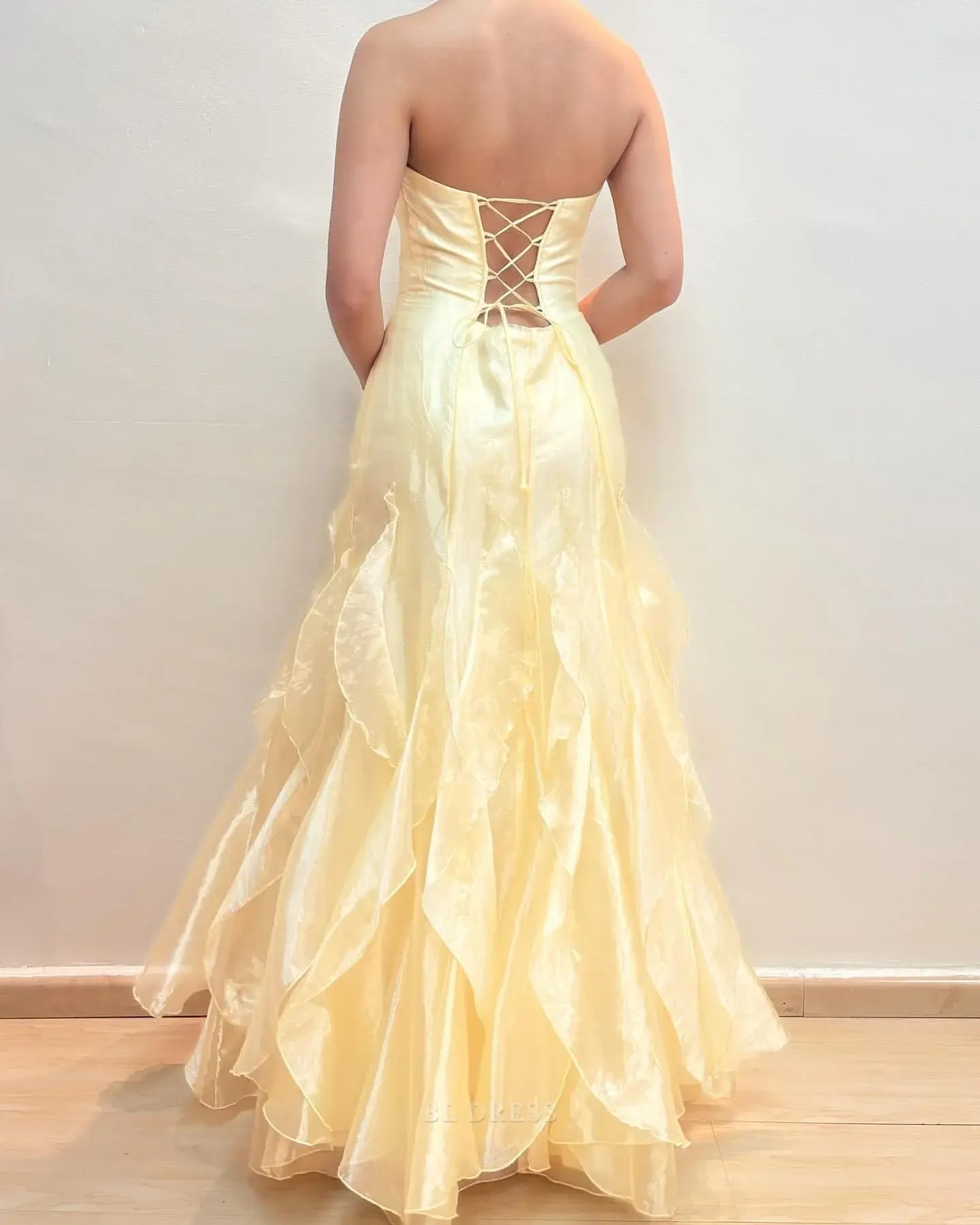 A Line Strapless Yellow Ruffle formal dresses Bridesmaid Dresses evening gown Prom Dress