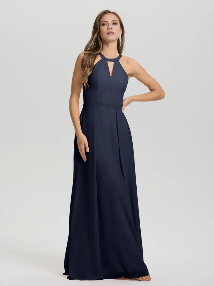 A-line keyhole collar sleeveless chiffon and floor length bridesmaid dress