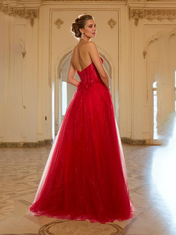 A Line Red Sweet Heart Long Prom Dresses With High Split