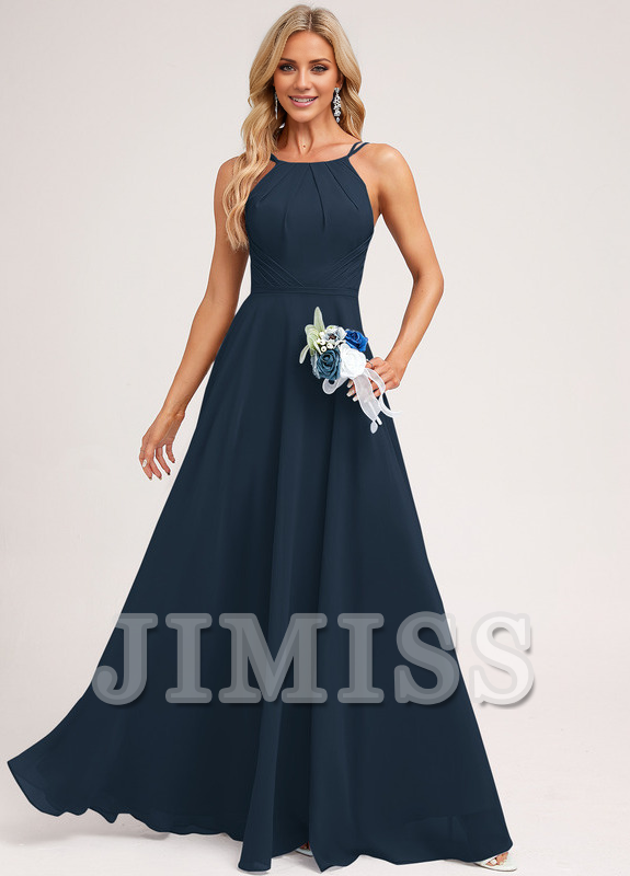 A-Line Halter Neck Floor Length Chiffon Bridesmaids Dress