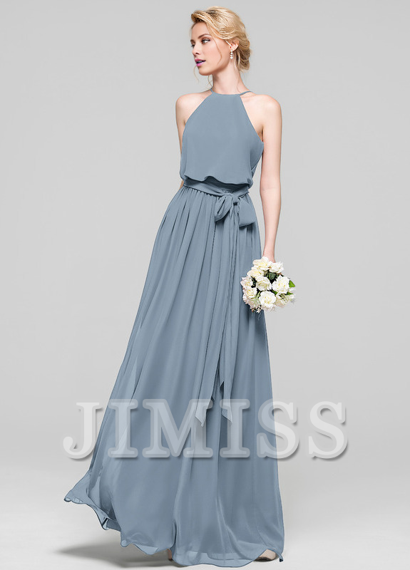 A-line low round neck bow floor mopping chiffon bridesmaid dress