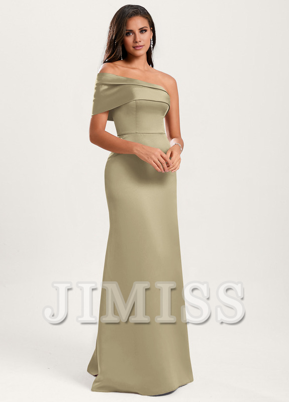 A-line asymmetric neckline floor-length satin bridesmaids dress