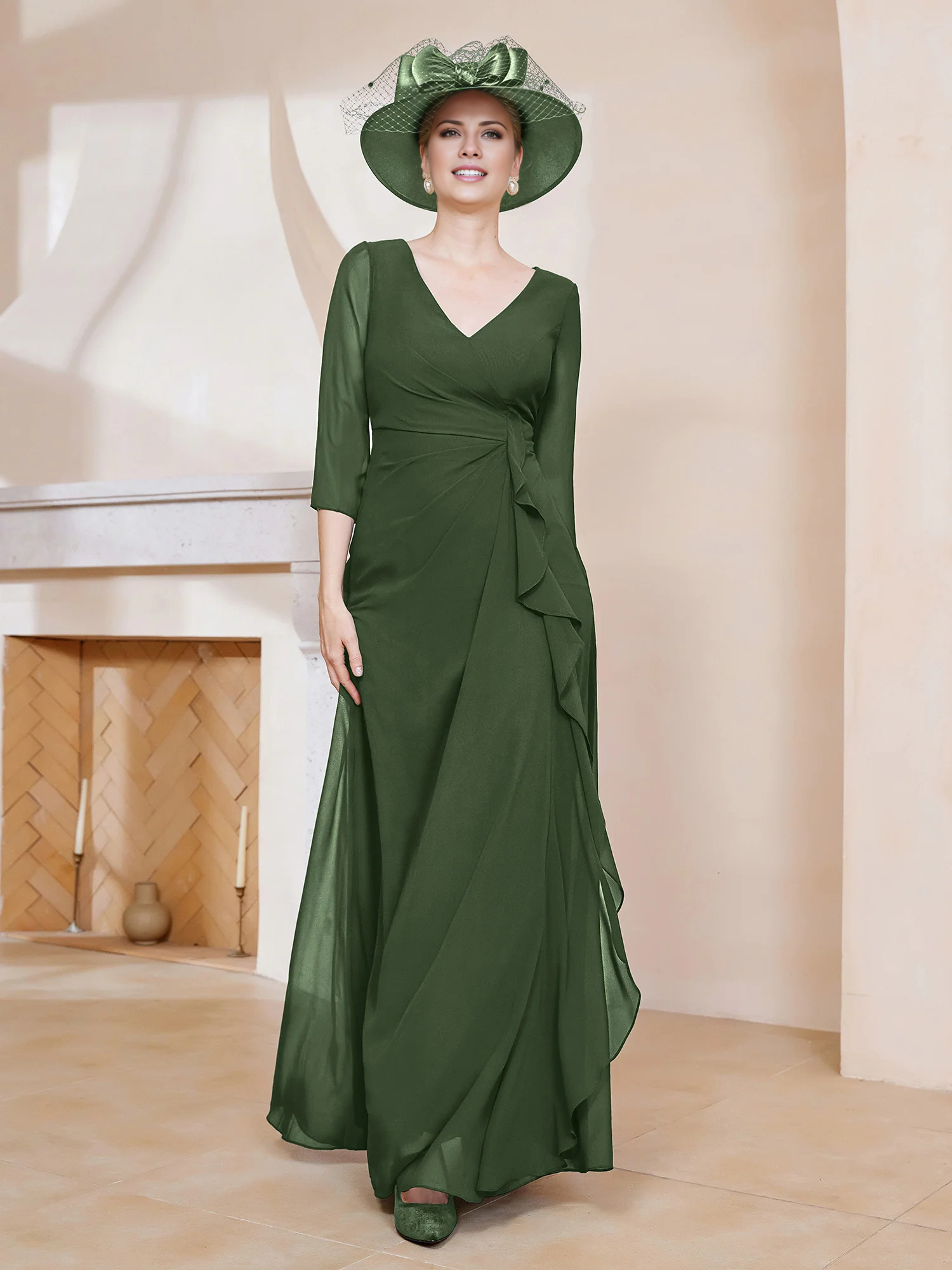 3/4 long sleeved V-neck pleated long mother of the bride dress