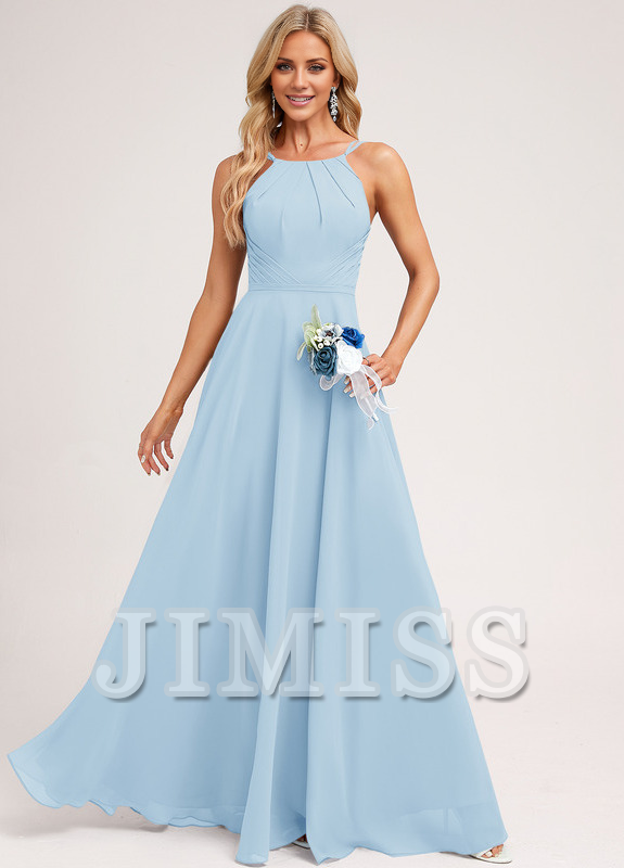 A-Line Halter Neck Floor Length Chiffon Bridesmaids Dress