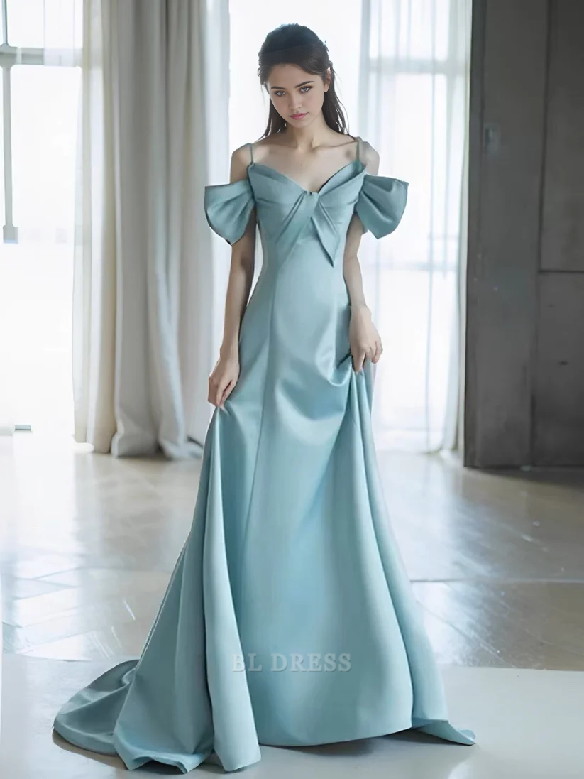 A Line Spaghetti Straps Light Sky Blue Satin Long formal dresses Bridesmaid Dresses evening gown Prom Dress
