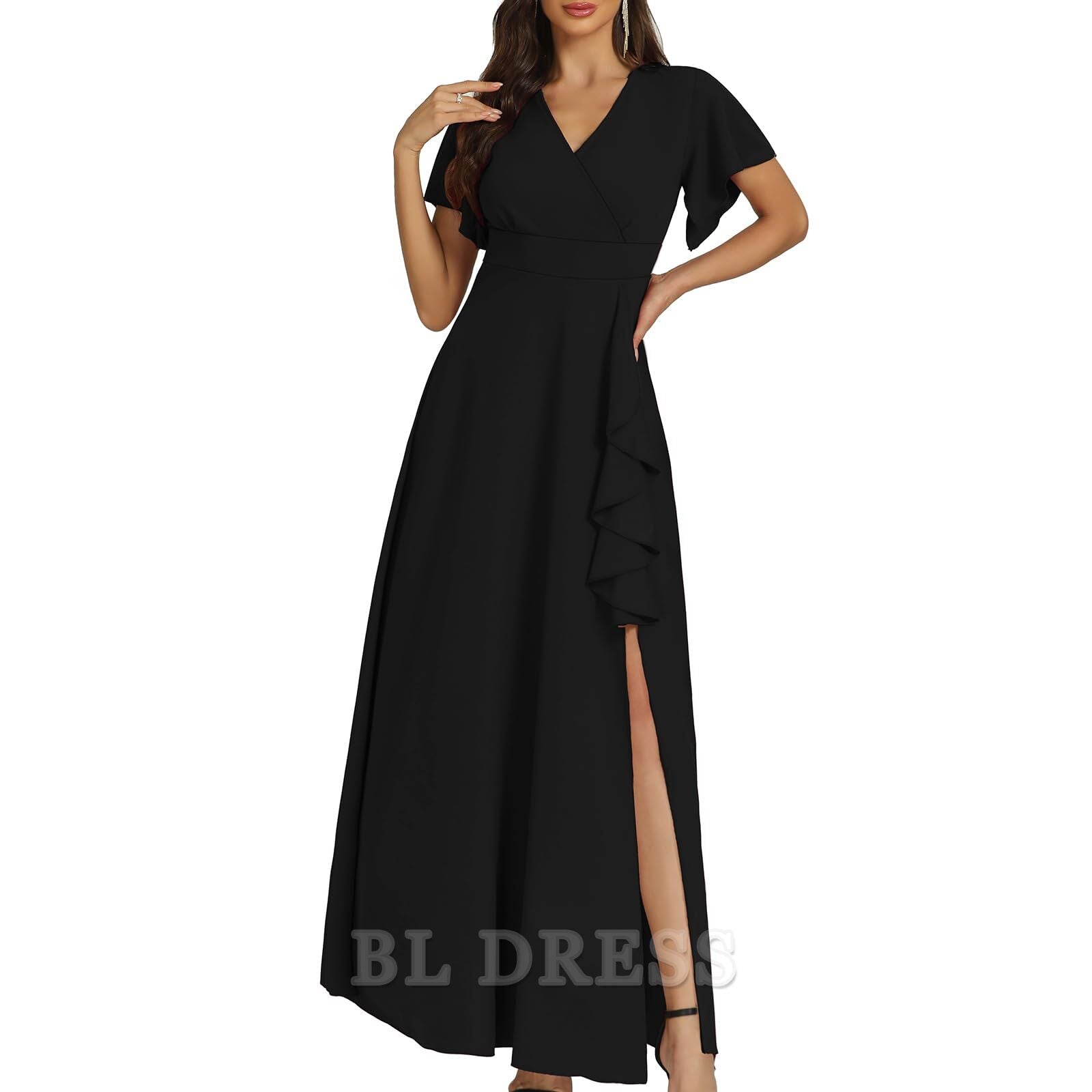 A-line Elegant V Neck Ruffle Split formal dresses Bridesmaid Dresses evening gown Prom Dress