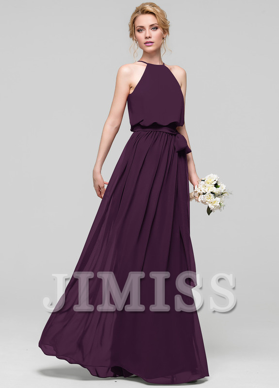 A-line low round neck bow floor mopping chiffon bridesmaid dress
