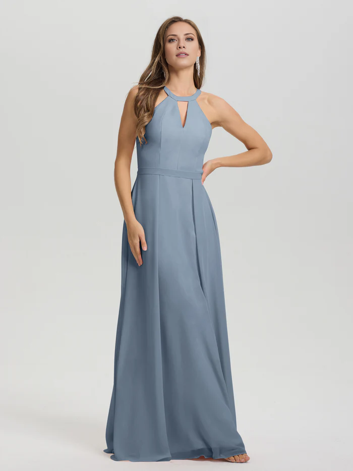 A-line keyhole collar sleeveless chiffon and floor length bridesmaid dress