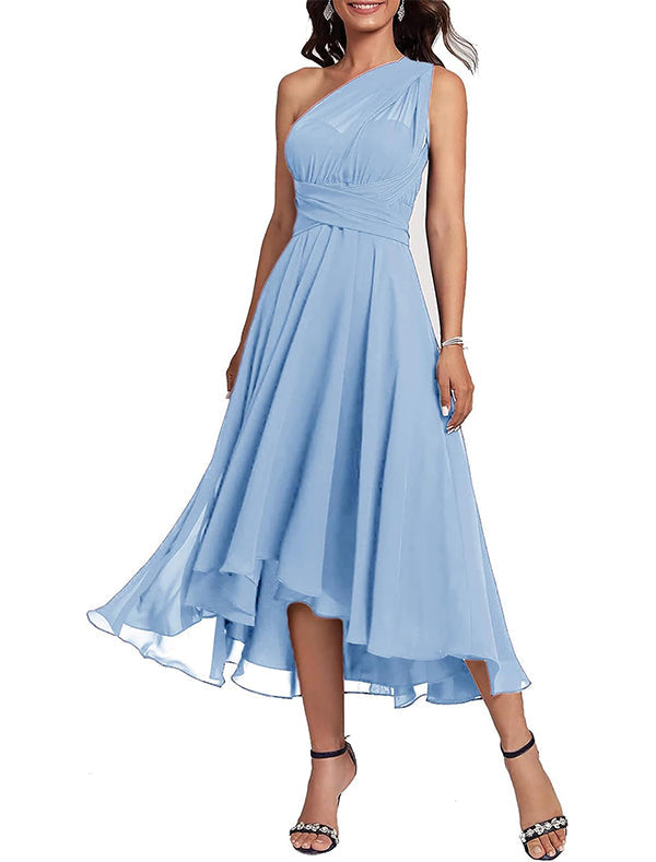 A-Line Blue Wedding Guest Dresses Convertible Infinity Mother Dress Formal Tea Length Sleeveless One Shoulder Chiffon with Ruched