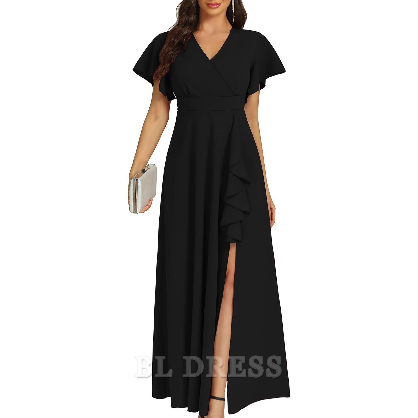 A-line Elegant V Neck Ruffle Split formal dresses Bridesmaid Dresses evening gown Prom Dress