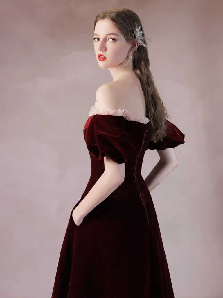 A-Line Burgundy Velvet Long Prom Dress Burgundy Formal Dress