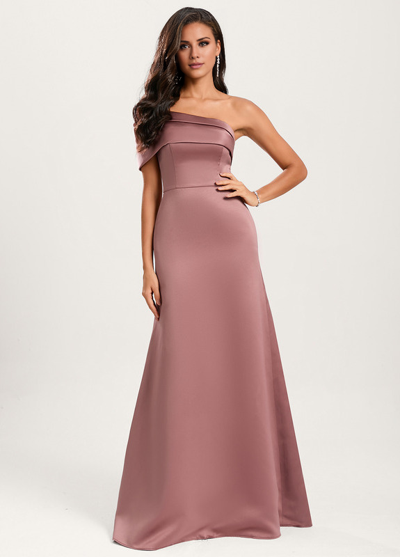 A-line asymmetric neckline floor-length satin bridesmaids dress