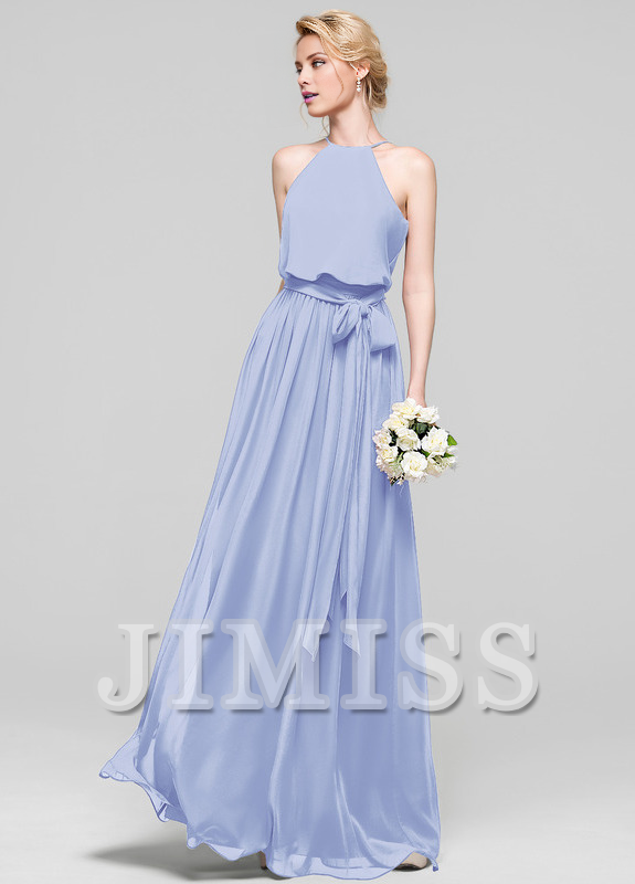 A-line low round neck bow floor mopping chiffon bridesmaid dress