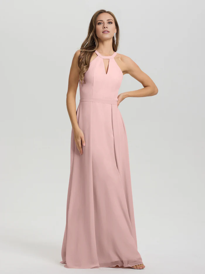 A-line keyhole collar sleeveless chiffon and floor length bridesmaid dress