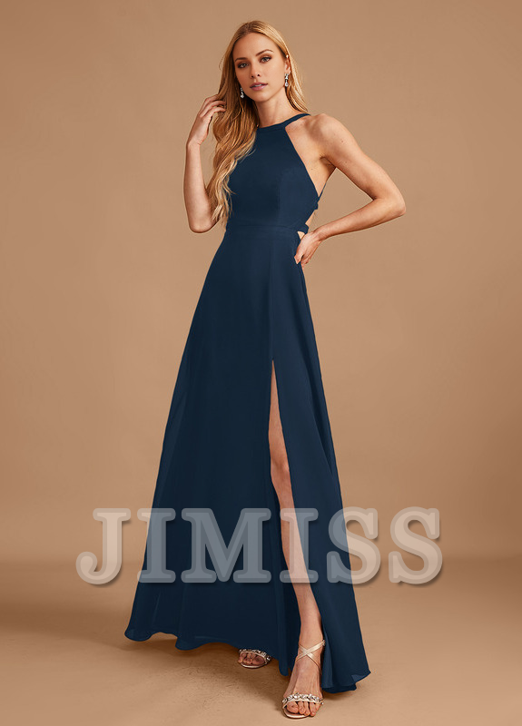 A-line high neck floor length chiffon bridesmaid dress