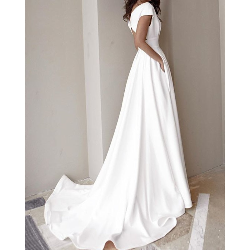 A Line/Princess V-Neck Cap Sleeve Wedding Dresses Sweep / Brush Train With Split Front Sexy