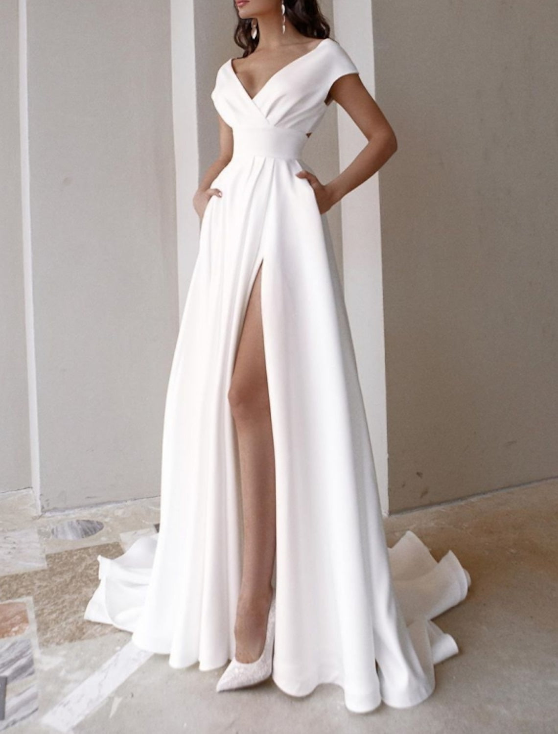 A Line/Princess V-Neck Cap Sleeve Wedding Dresses Sweep / Brush Train With Split Front Sexy
