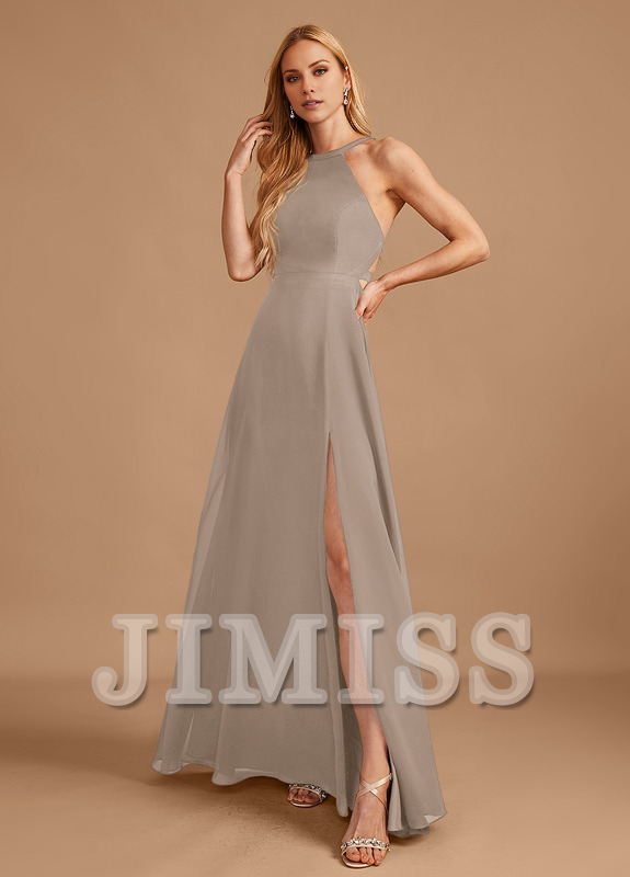 A-line high neck floor length chiffon bridesmaid dress