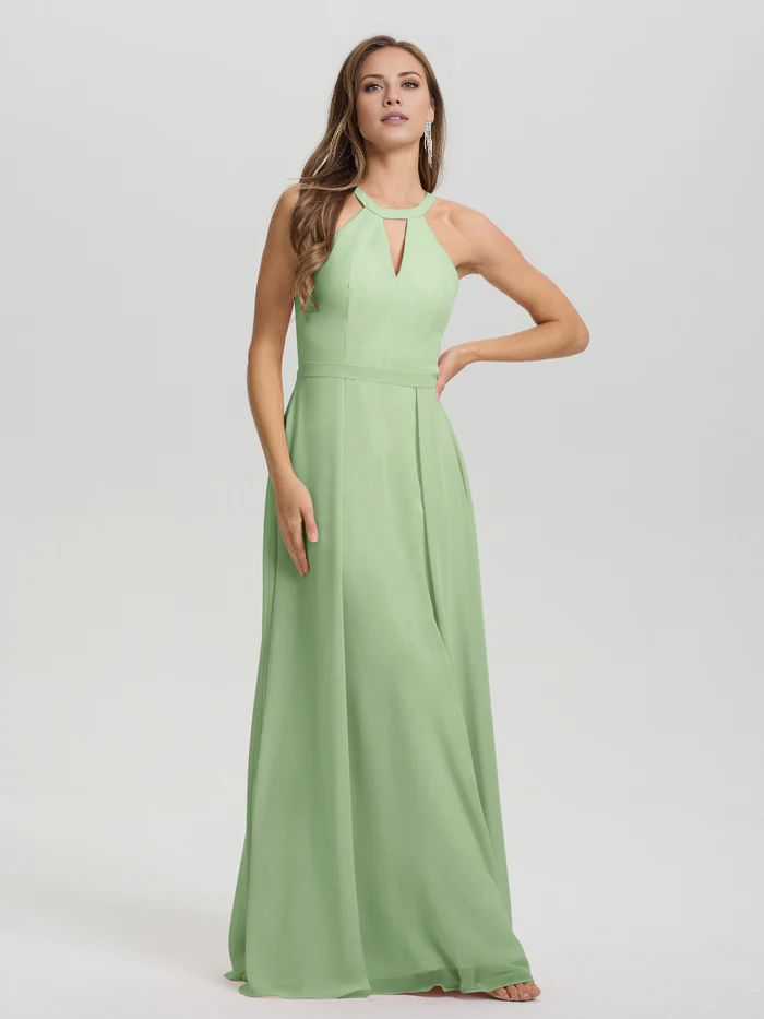 A-line keyhole collar sleeveless chiffon and floor length bridesmaid dress