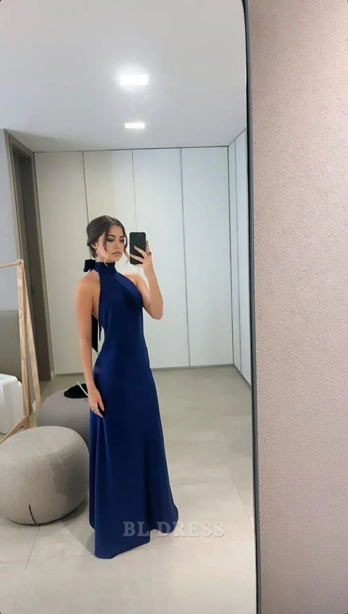 A line High Neckline Satin Navy Blue Long formal dresses Bridesmaid Dresses evening gown Prom Dress