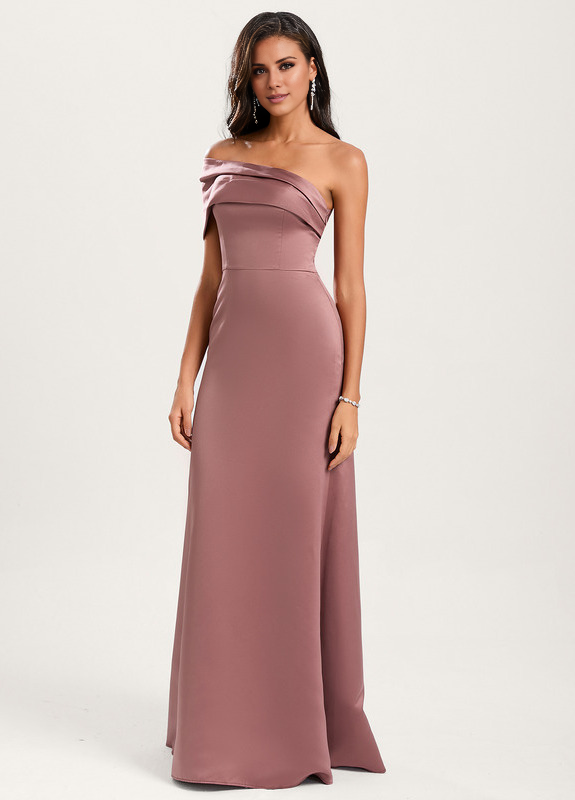 A-line asymmetric neckline floor-length satin bridesmaids dress