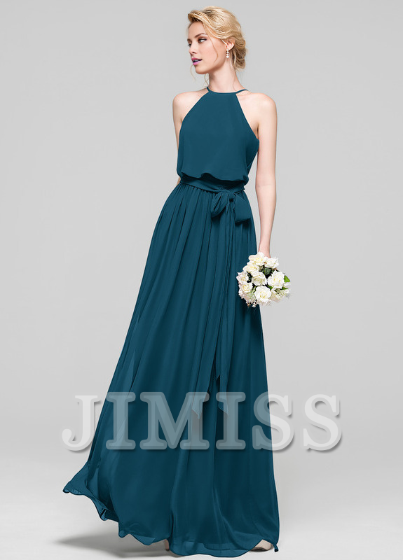 A-line low round neck bow floor mopping chiffon bridesmaid dress