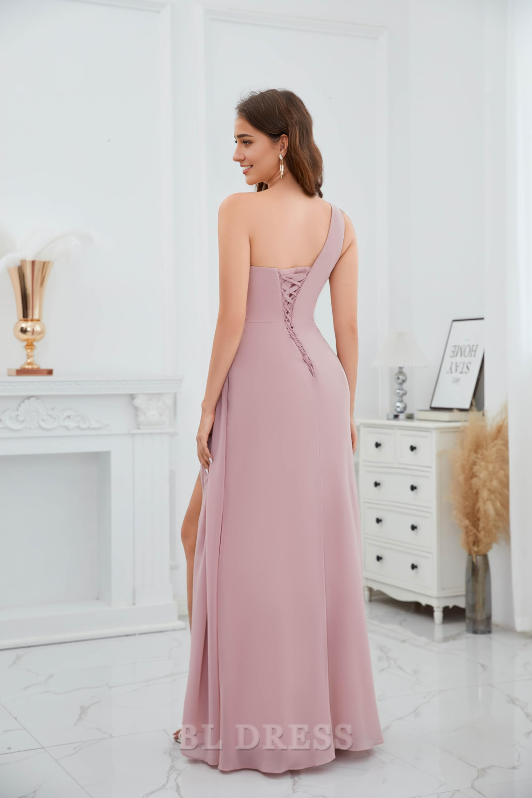 A Line One Shoulder Ruched Chiffon formal dresses Bridesmaid Dresses evening gown Prom Dress with Slit
