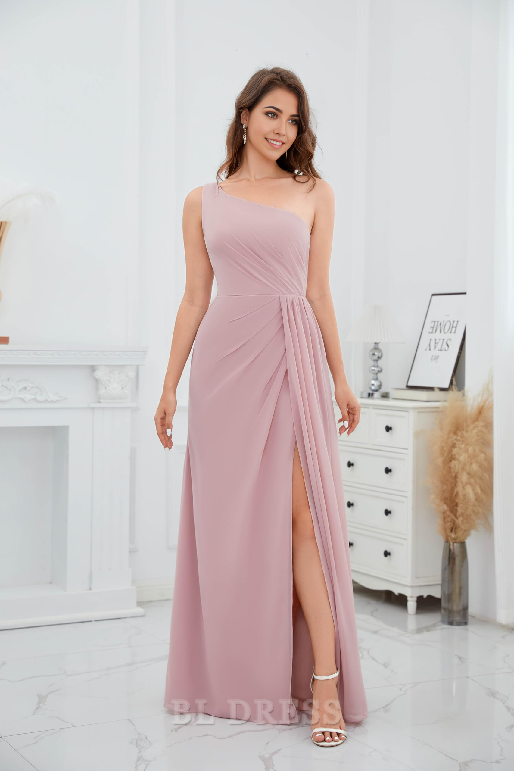 A Line One Shoulder Ruched Chiffon formal dresses Bridesmaid Dresses evening gown Prom Dress with Slit