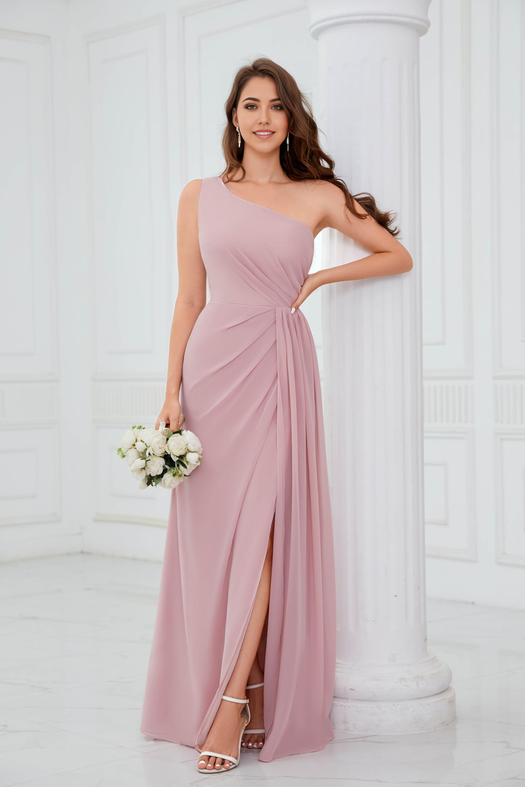A Line One Shoulder Ruched Chiffon formal dresses Bridesmaid Dresses evening gown Prom Dress with Slit
